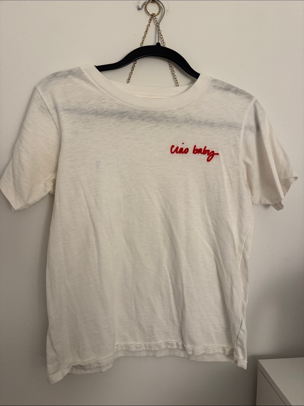 J. Crew White Crewneck Tee with Red 'Ciao baby' Embroidery